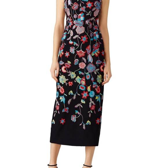 Monique Lhuillier Sonya Like New Dress Black Floral Embroidered Colorful Midi - Picture 2 of 13